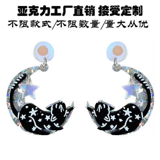 Acrylic Funny Moon Black Cat Earrings MYA-XueP174