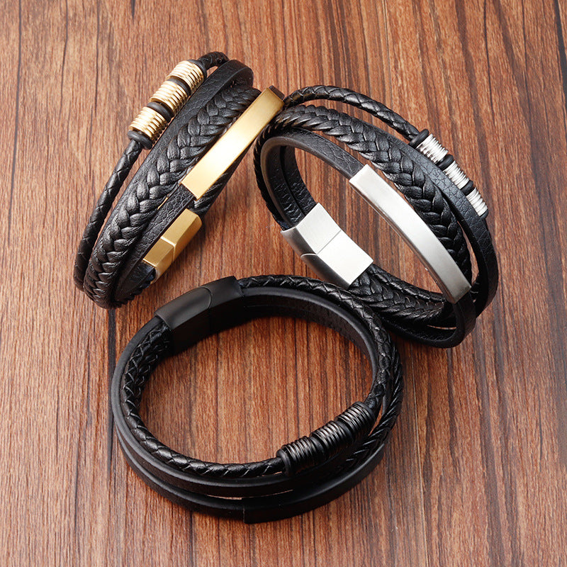 Bracelet Stainless Steel Leather Woven Multi Layer OuSD002