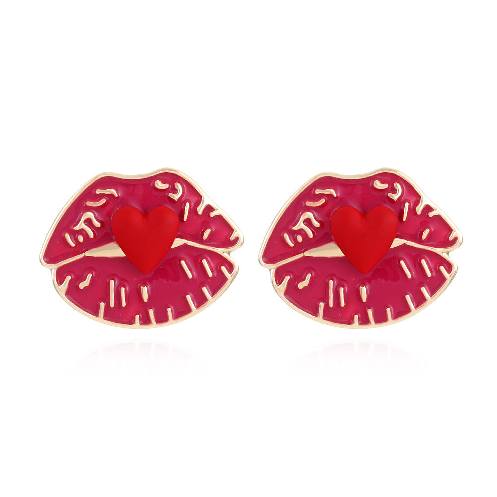 Alloy Heart Red Lip Earrings MIC-ManY023