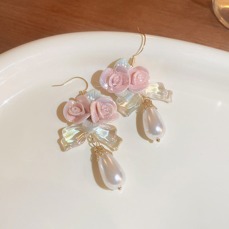 Alloy Pink Flower Pearl Earrings (Minimo de compra 2) MIC-FengM002