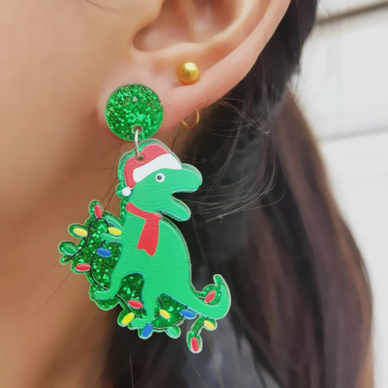 Acrylic Dinosaur Christmas Hat Earrings (Minimo de Compra 2) MIC-ChouT033