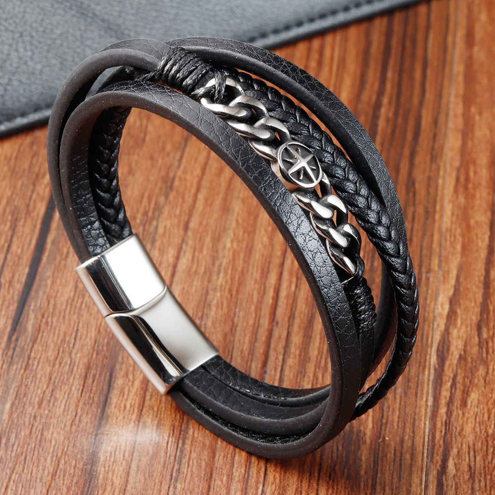 Bracelet Stainless Steel Vintage Braided Genuine Leather OuSD014