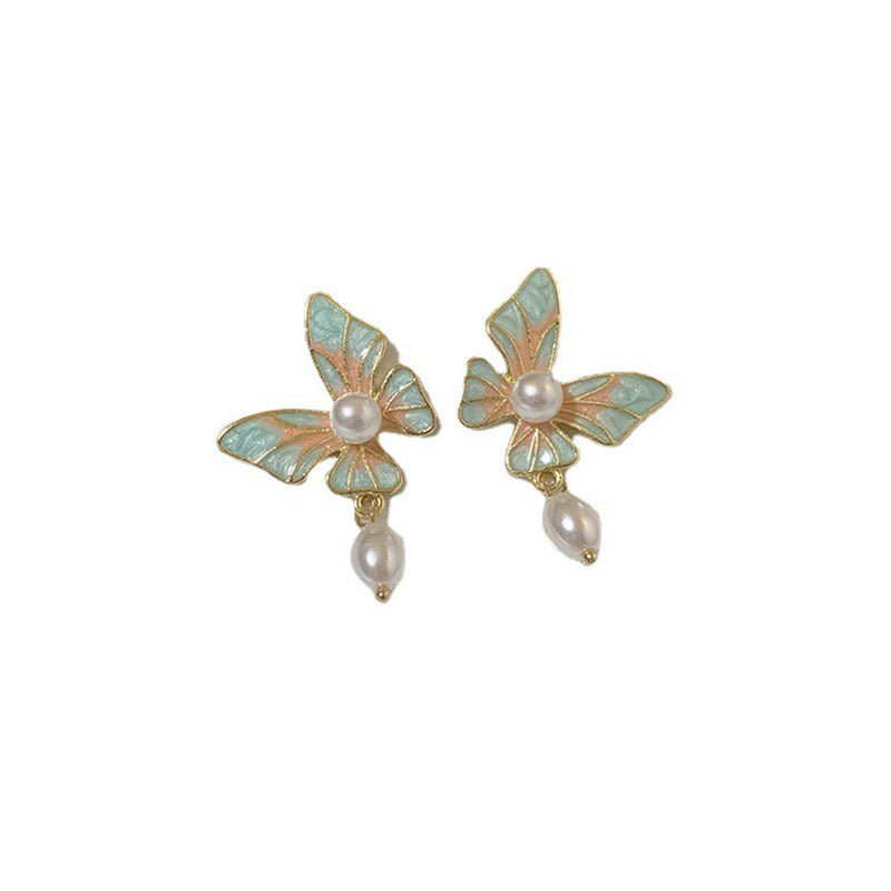 Alloy Pink Green Butterfly Pearl Earrings MIC-XinXu024