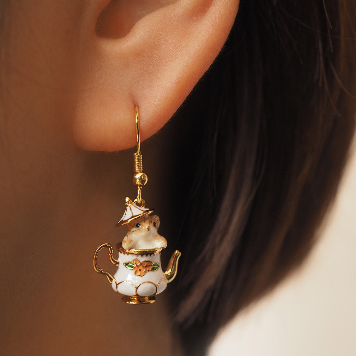 Alloy cartoon tea cup flower chestnut earrings MYA-SanY006