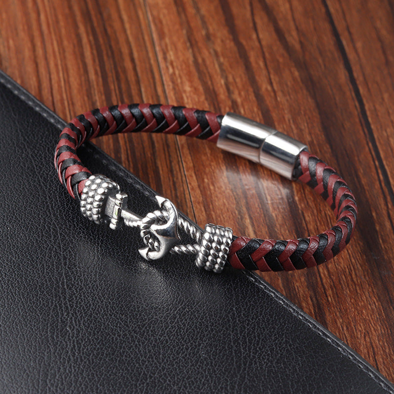 Bracelet Stainless Steel Anchor Vintage Braided Genuine Leather OuSD013