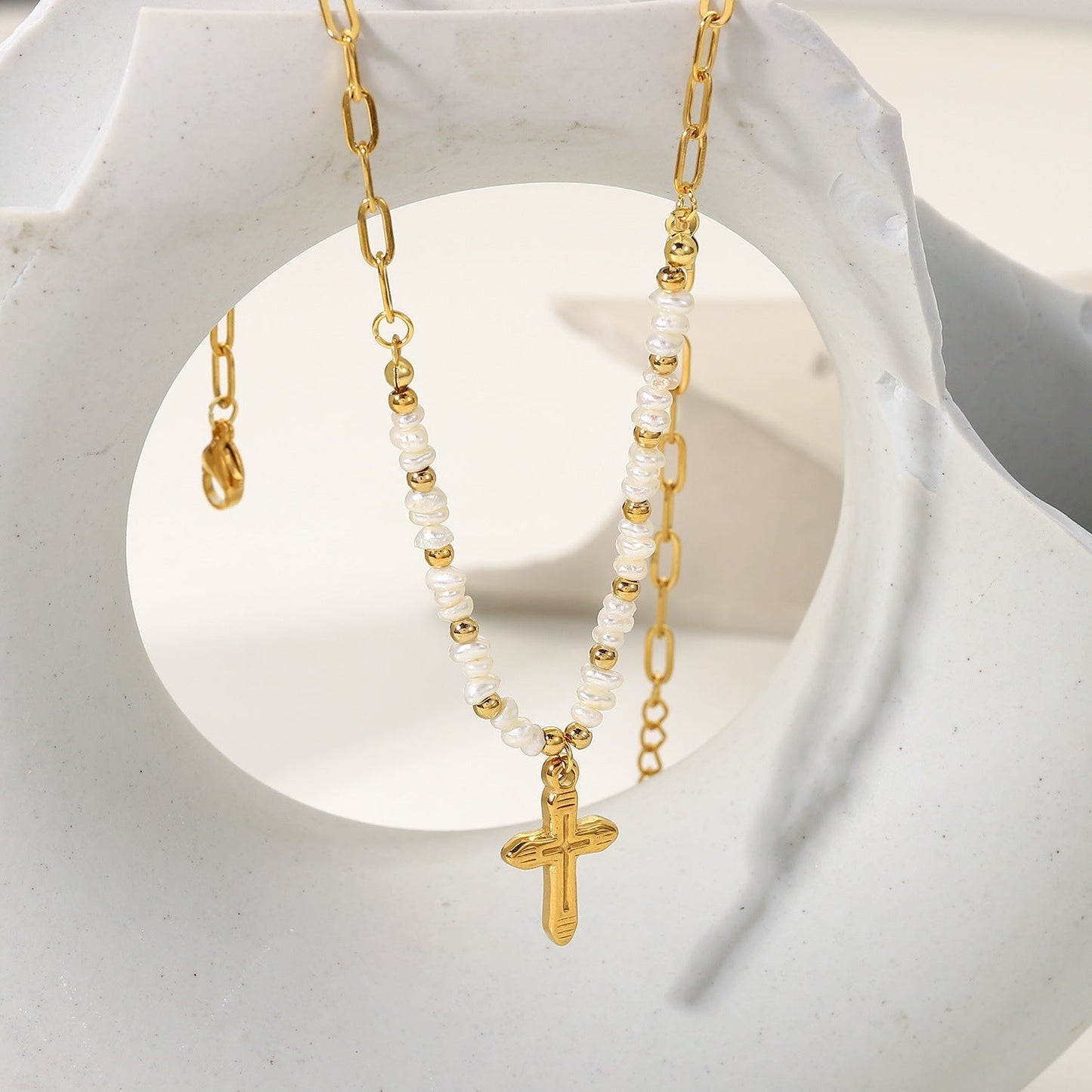 Stainless Steel Gold Plated Cross Necklace MIC-JieD010