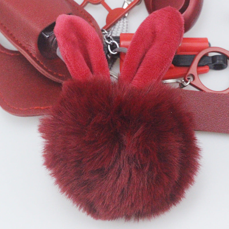 7pcs PU Leather Rabbit Ears Fur Ball Keychain Set MOQ≥2 ChaoH011