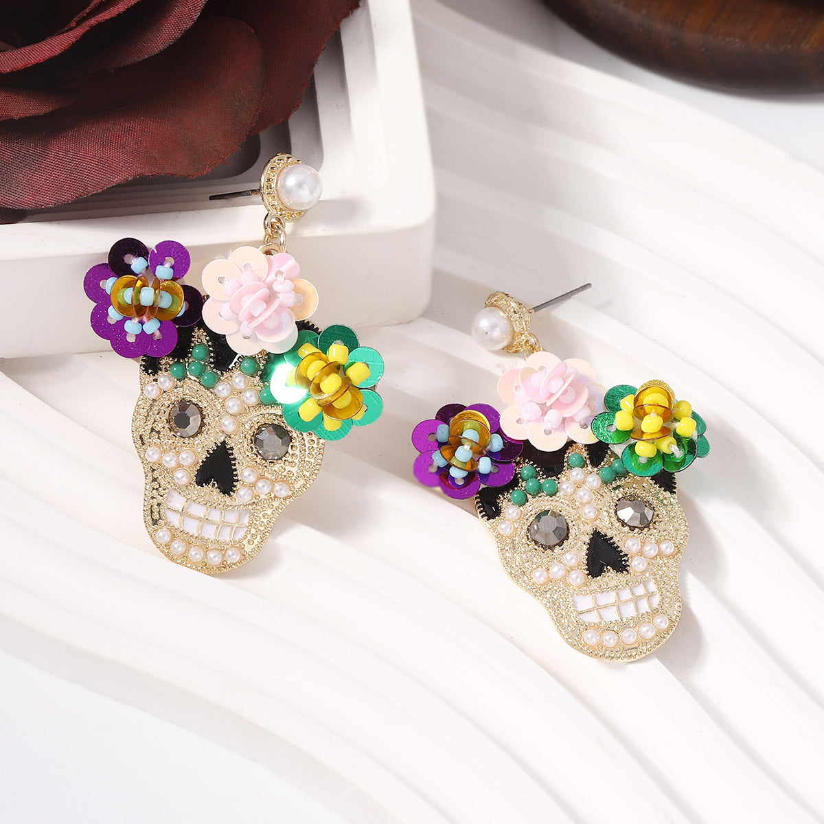 Alloy shiny floral skull earrings MIC-YueL026