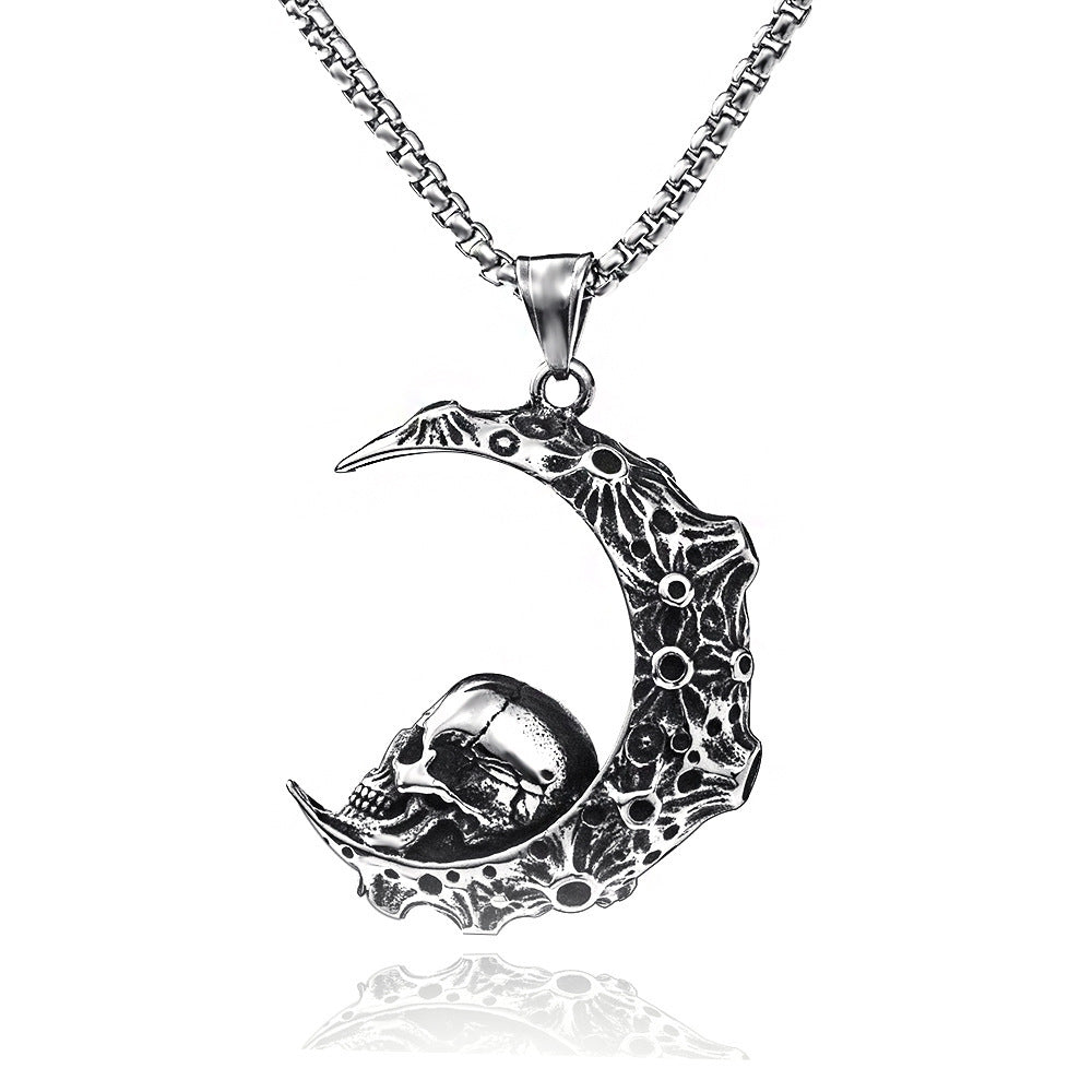 Necklace Stainless Steel Halloween Retro Crescent Skull Demon MoFei001