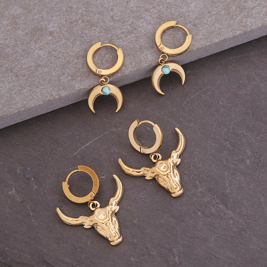 Bohemian Bull Moon Stainless Steel Earrings