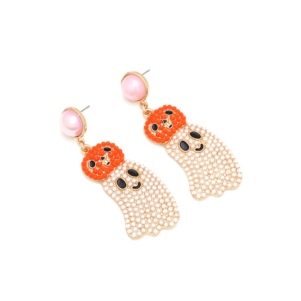 Alloy inlaid imitation pearl pumpkin ghost earrings MIC-ManY048