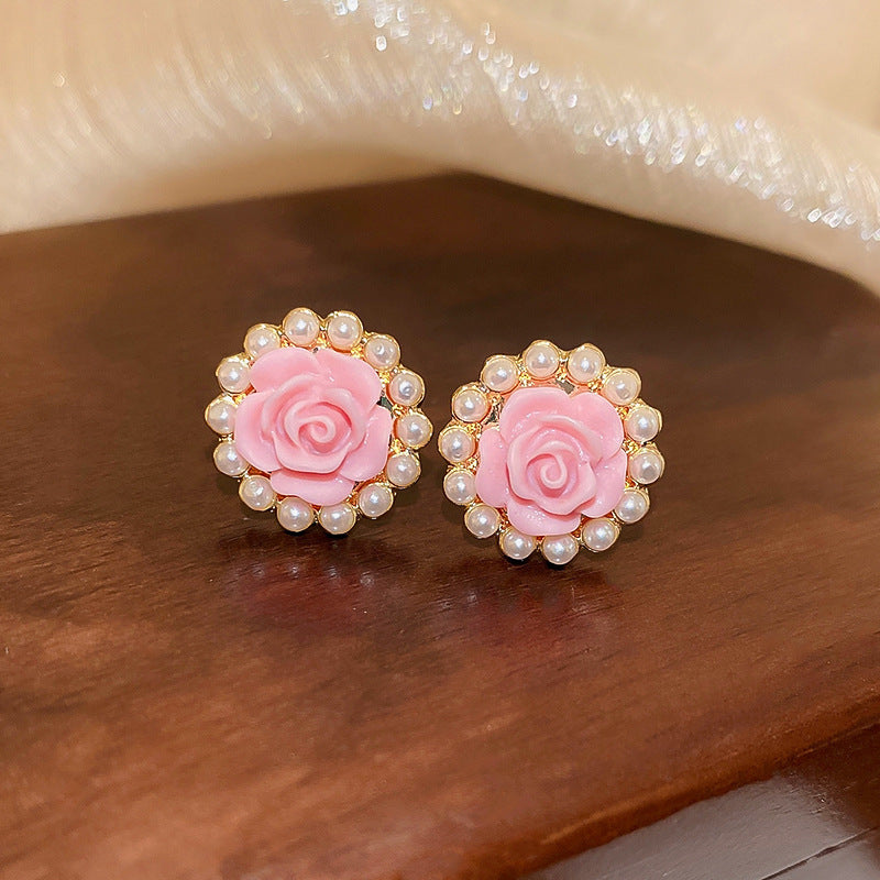 Alloy Pink Flower Pearl Earrings (Minimo de compra 2) MIC-FengM002