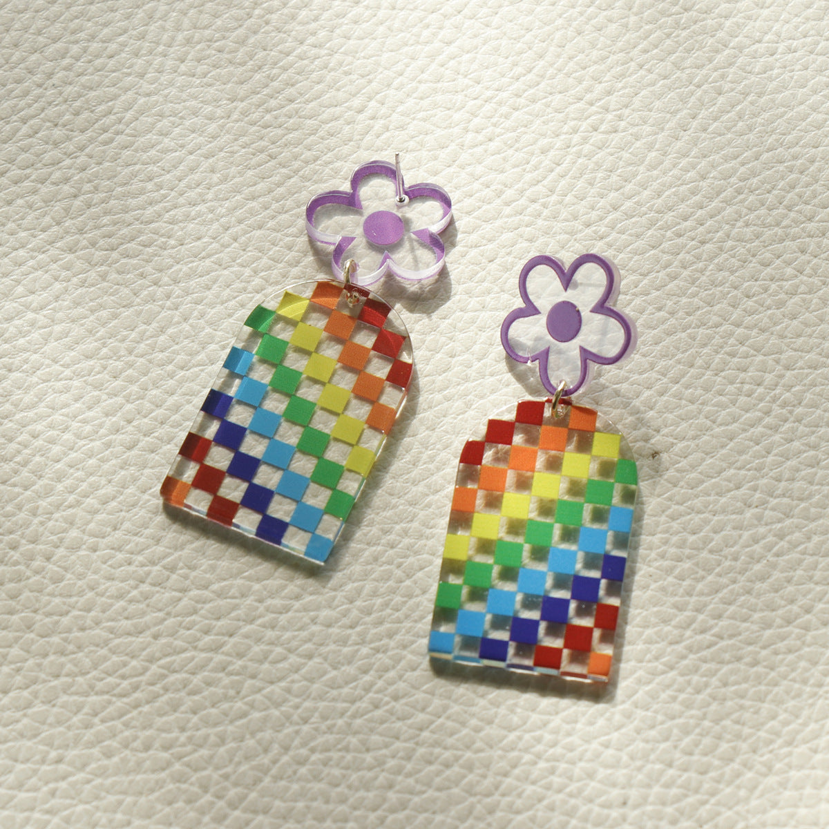 Acrylic Rainbow Checker Earrings MIC-OuY014