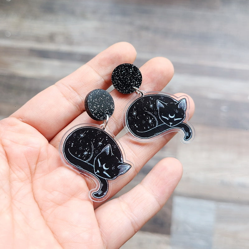 Acrylic Crescent Black Cat Earrings MIC-XueP158