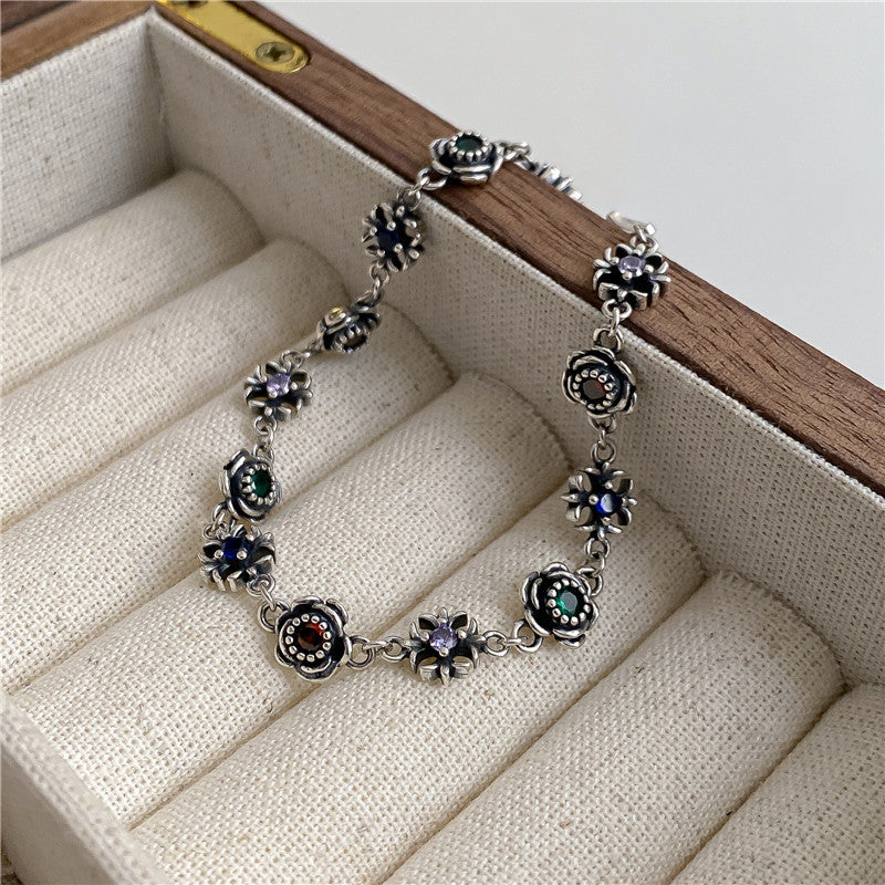 S925 sterling silver colored zircon rose mosaic bracelet US-JiaY025