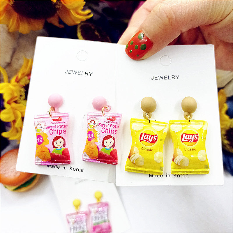 Potato Chips Puffed Potato Chips Simulation 925 Silver Earrings XingJ002