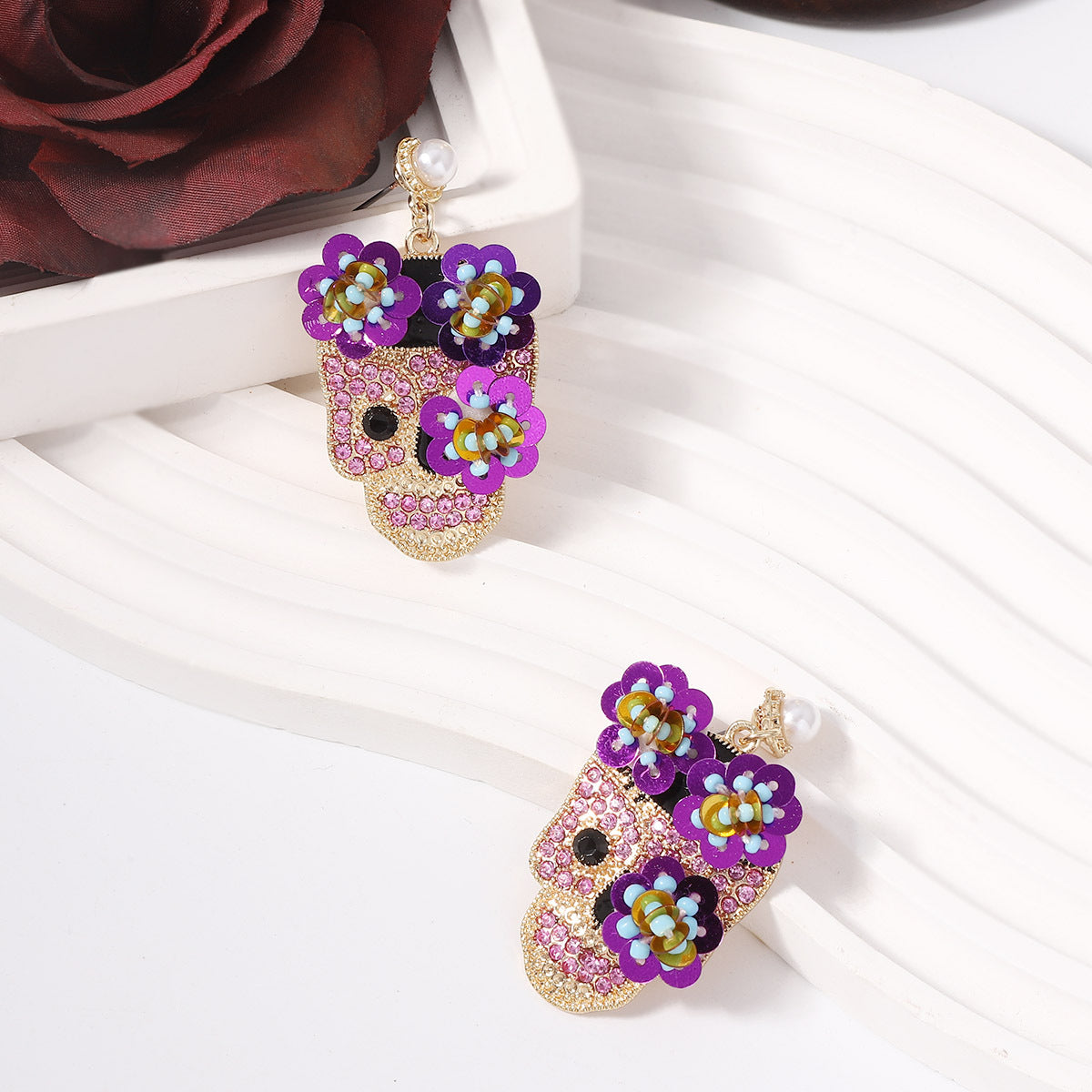 Alloy shiny floral skull earrings MIC-YueL026