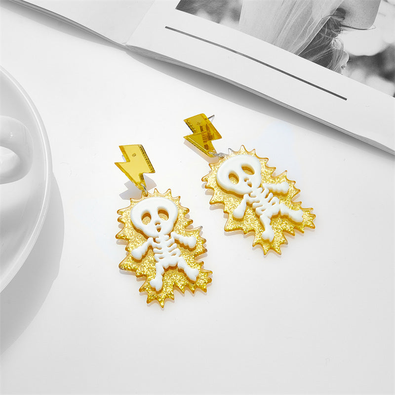 Acrylic Thunderbolt Skull Skeleton Earrings