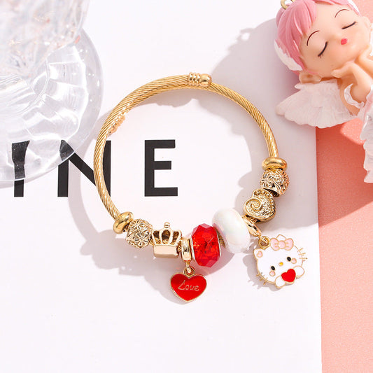 Bracelet Stainless Steel DIY Stainless Steel Bracelet Cartoon Cute KT Cat Gold Love Bracelet (M) YWQL003