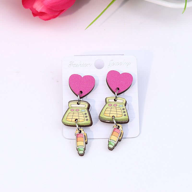 Teacher's Day Pen Stripe Heart Wood Ear Studs