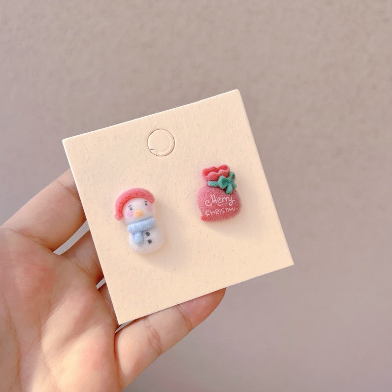 Earrings Resin Flocking Christmas Cartoon Snowman Bells songr008