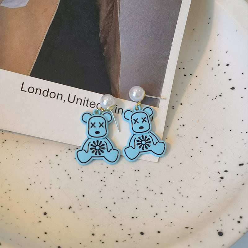 Resin Blue Lacquered Little Bear Earrings MIC-JiuY026