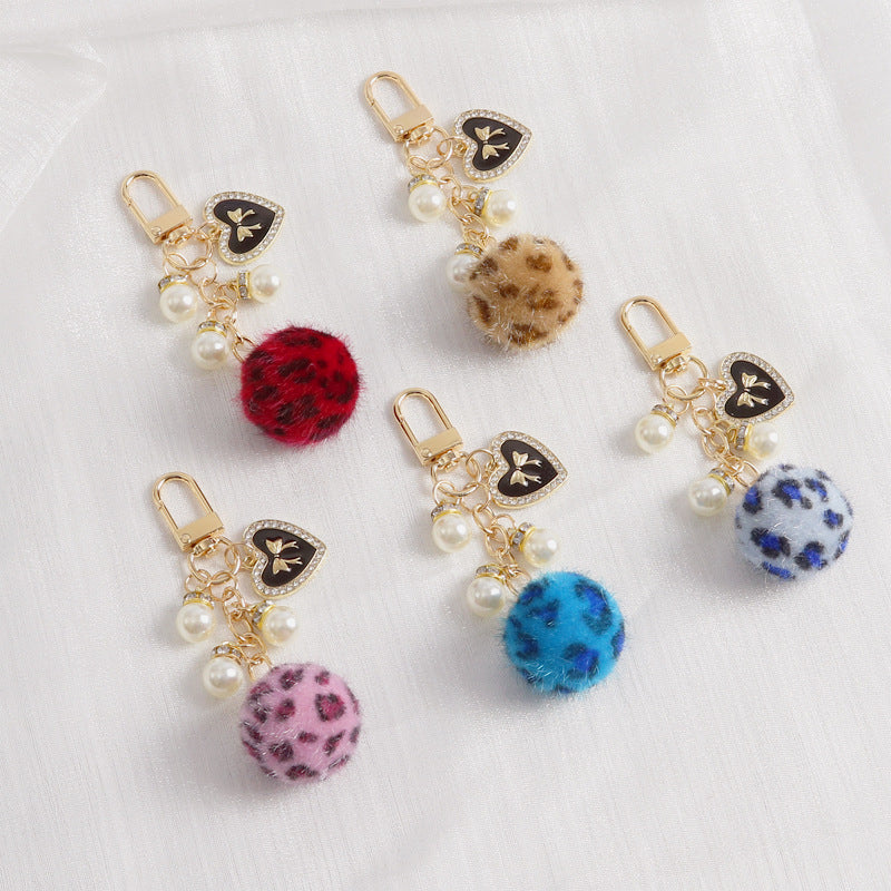 Keychains Plush Alloy Leopard Print Fur Ball Bag Pendant Love Pearl MIC-YChen008