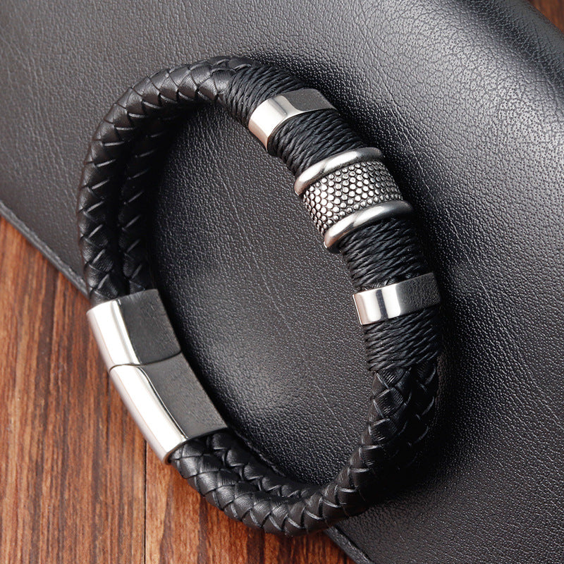 Bracelet Stainless Steel Genuine Leather Vintage Double Weave OuSD007