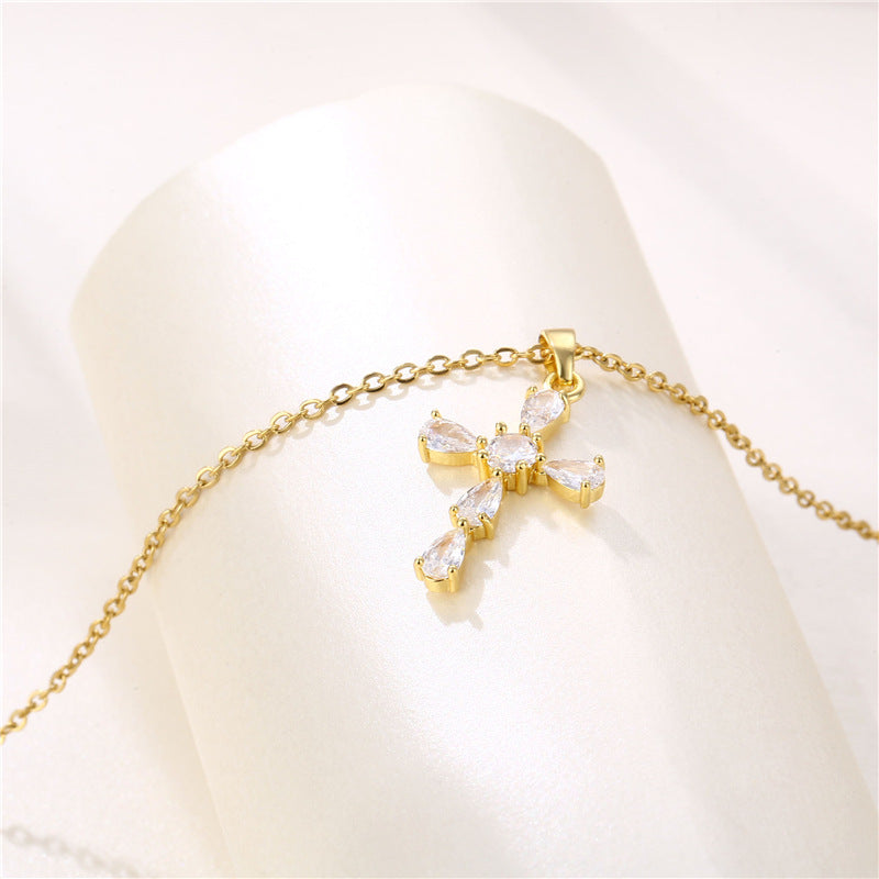 Stainless steel diamond studded cross necklace MYA-QingR016