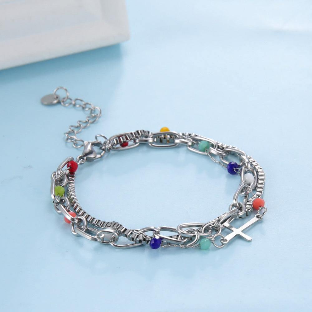 Bracelet Stainless Steel Color Bead Chain Three Layers Wearing Cross QiJu011