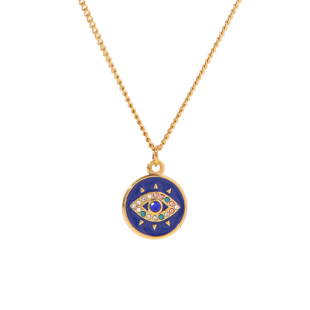 Stainless Steel Gold Plated Chain Devil Eye Round Pendant Necklace