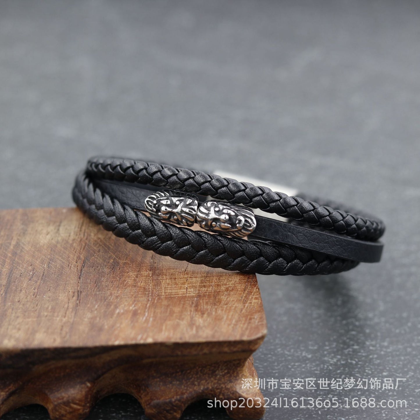 Bracelet Stainless Steel Multilayer Lion Head Braided Leather Cord SJMH002