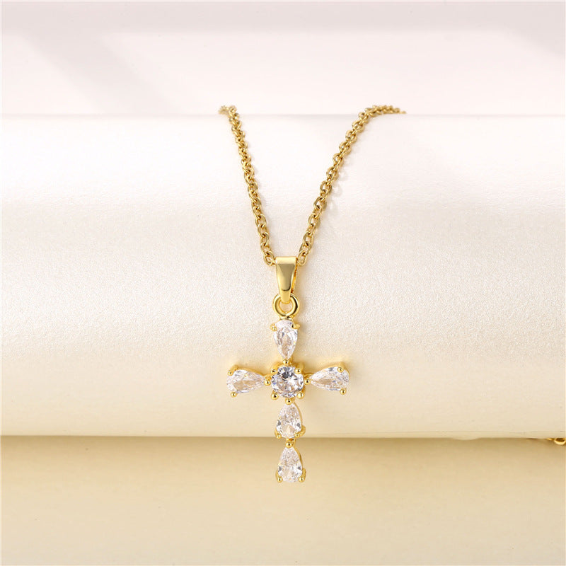 Stainless steel diamond studded cross necklace MYA-QingR016