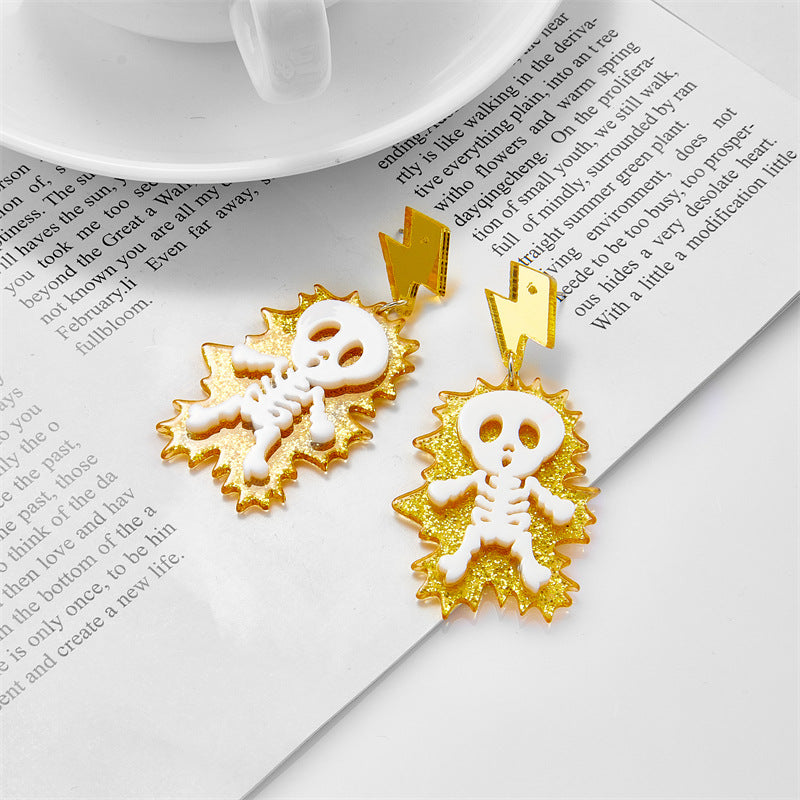 Acrylic Thunderbolt Skull Skeleton Earrings