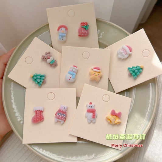 Earrings Resin Flocking Christmas Cartoon Snowman Bells songr008