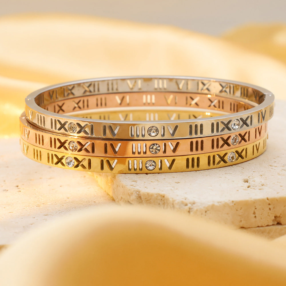 Stainless steel gold-plated diamond studded Roman numeral bracelet MYA-XuanJ019