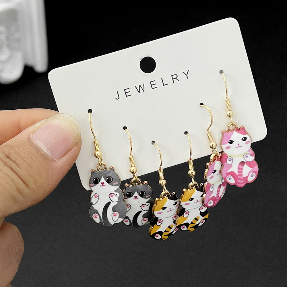 Alloy 3 pairs of cartoon kitten earrings (Minimo de compra 5) MIC-LuN003