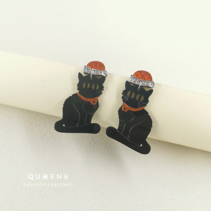 Acrylic black cat Santa Claus hat earrings (Minimo de Compra 2) MIC-QingM014