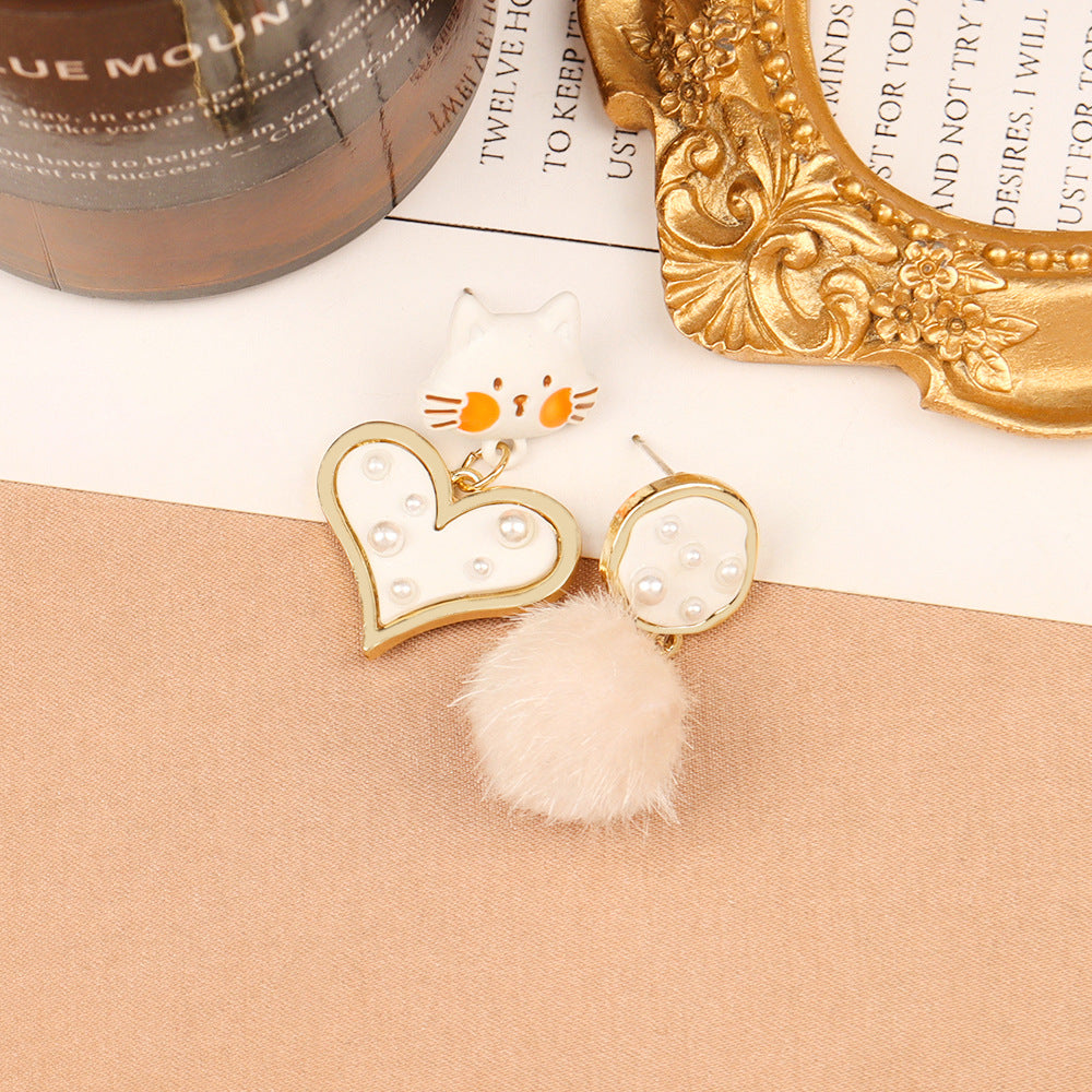 Alloy Cat Love Hair Ball Earrings MIC-LSY021