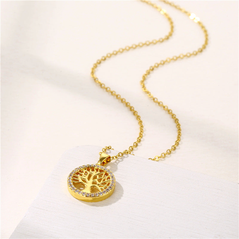 Stainless Steel Round Hollow Tree of Life Pendant Necklace