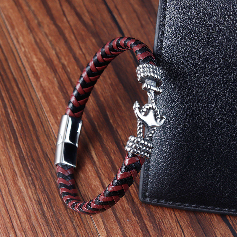 Bracelet Stainless Steel Anchor Vintage Braided Genuine Leather OuSD013