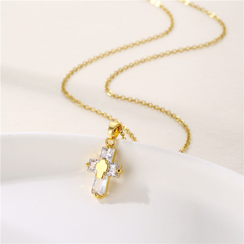 Stainless Steel Cross MYAro-paved Zirconia Necklace