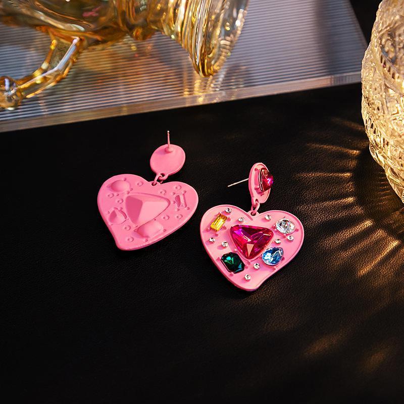 Alloy inlaid diamond heart pink love earrings (Minimo de compra 2) MIC-FuZ020