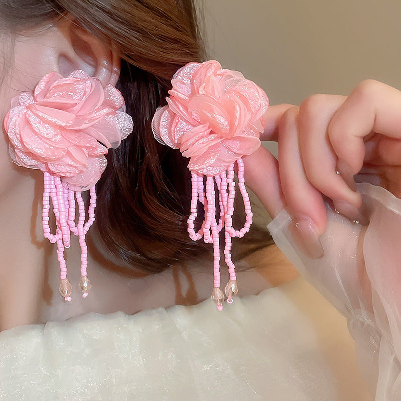 Alloy Pink Flower Pearl Earrings (Minimo de compra 2) MIC-FengM002