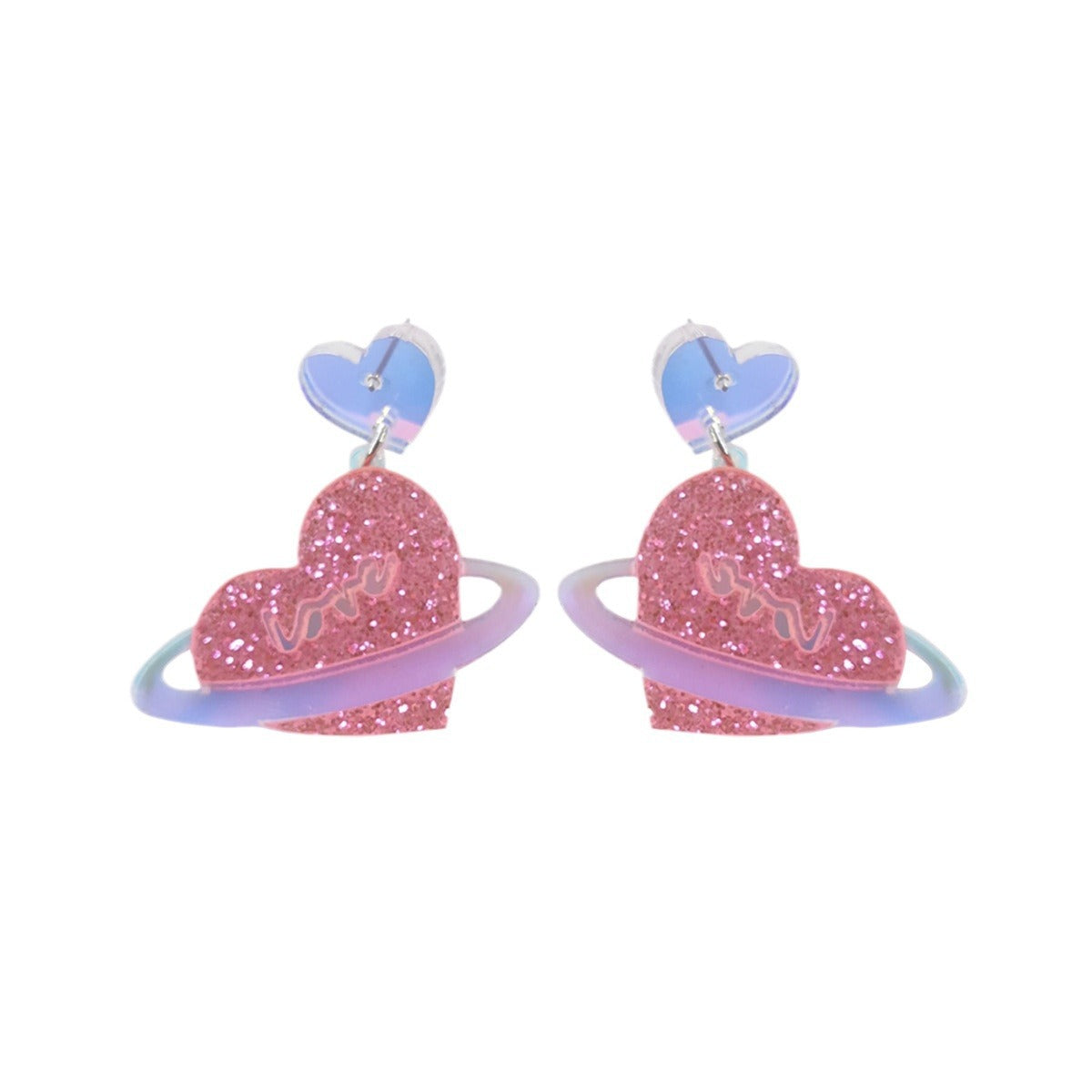 Acrylic Pink Glitter Love Planet Earrings (Minimo de compra 2) MIC-AnD007