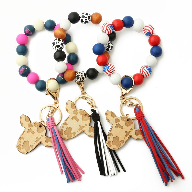 Keychains Bull Head Tassel Pendant Western Cowboy Cow Wooden Beads Bracelet MIC-NuoYi022