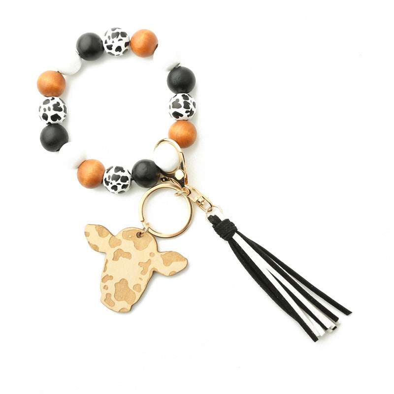 Keychains Bull Head Tassel Pendant Western Cowboy Cow Wooden Beads Bracelet MIC-NuoYi022