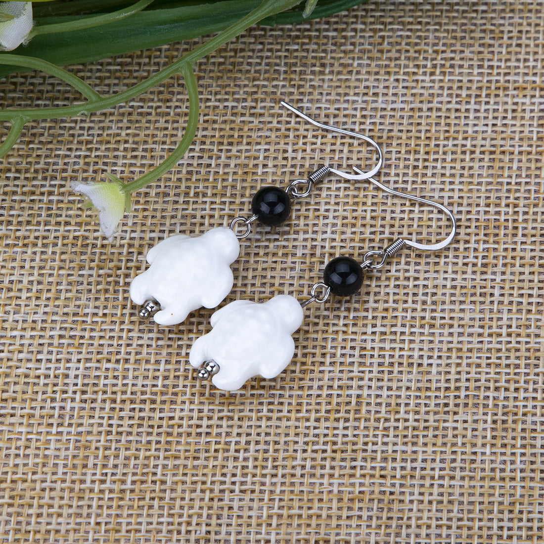 Earrings Black Onyx Ceramic Animal Turtle Stainless Steel YinW001