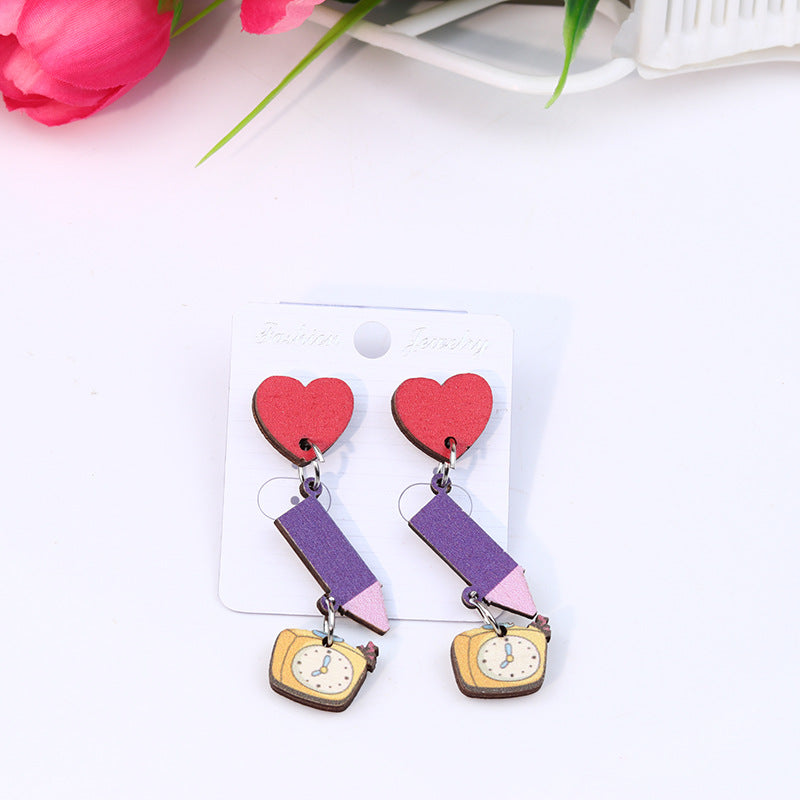 Teacher's Day Pen Stripe Heart Wood Ear Studs