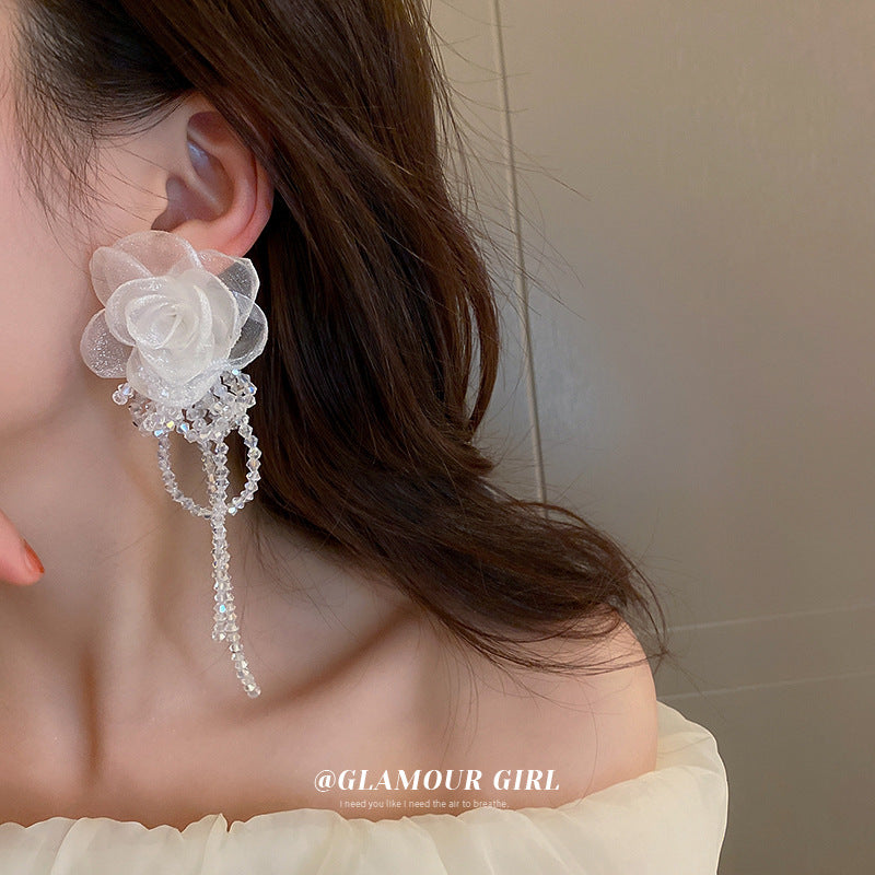 Silver Pin French Organza Flower Crystal Tassel Earrings MIC-BaoY052